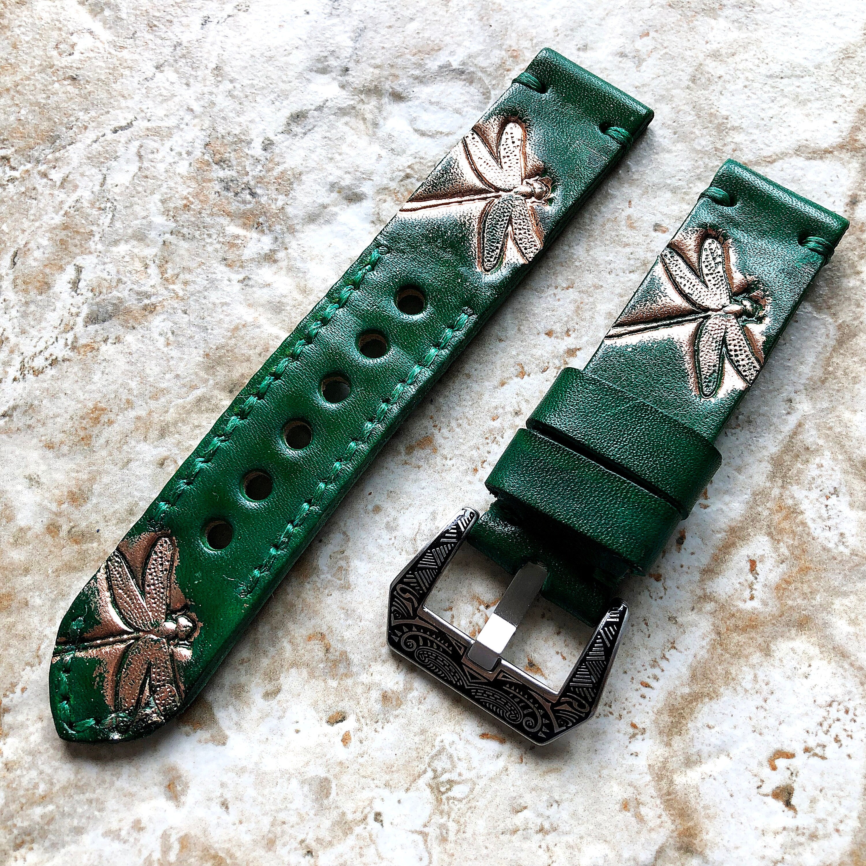 Dragonfly Band 22mm 24mm 25mm Compatible with Apple Watch Fitbit Versa 2 3 4 Sense 2 Ionic Accented Embossed Real Leather Handmade Strap